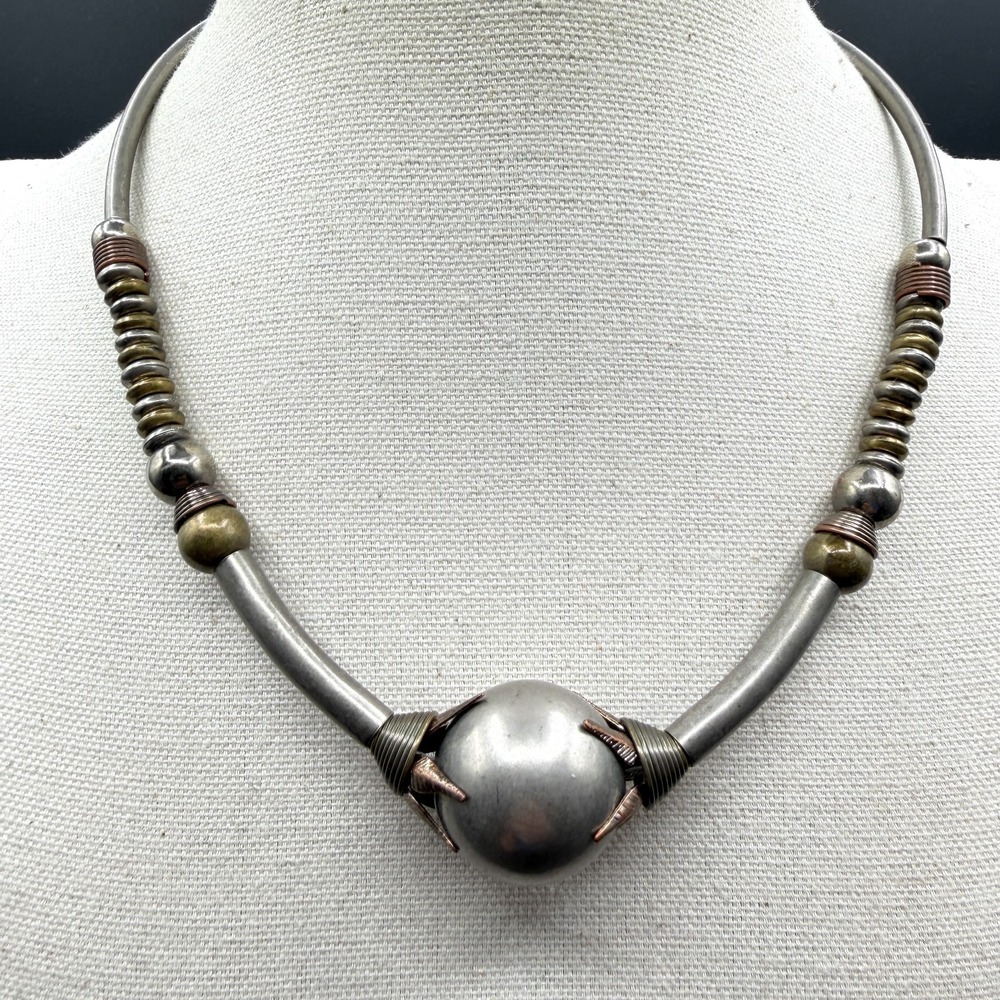 Mixed Metal Orb Collar Necklace Silver Copper & Brass Tone Statement Artisan